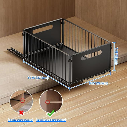 Mustorn 2 Pack Pull Out Cabinet Organizer, Slide Out Drawers for Cabinets, Peel and Stick, Heavy Duty Shelves for Kitchen, Cupboard, Pantry, Bathroom (14.76" D*9.65" W*7.87" H-Black)
