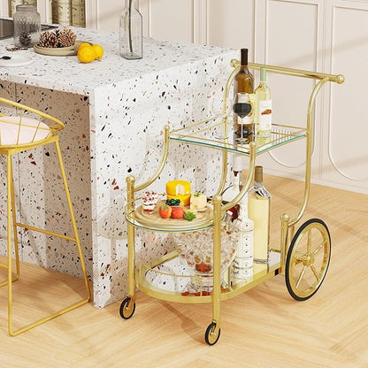 Tangkula Bar Cart, 3-Tier Rolling Home Bar Serving Cart with Mirrored Shelves & 4 Wheels, Mobile Beverage & Wine Cart for Kitchen, Dining Room, Living Room (Gold)