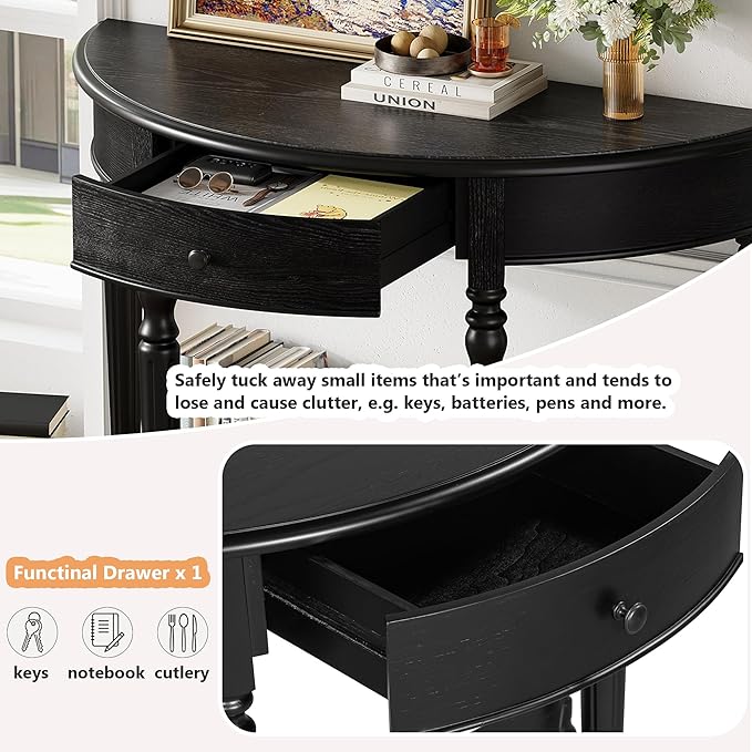 Amposei Small Curved Console Table 39-Inch Retro Farmhouse Wood Entry Sofa Table with Drawer & Storage Shelf for Living Room Hallway Entryway Furniture, Natural, Black