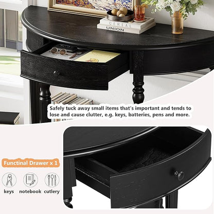 Amposei Small Curved Console Table 39-Inch Retro Farmhouse Wood Entry Sofa Table with Drawer & Storage Shelf for Living Room Hallway Entryway Furniture, Natural, Black