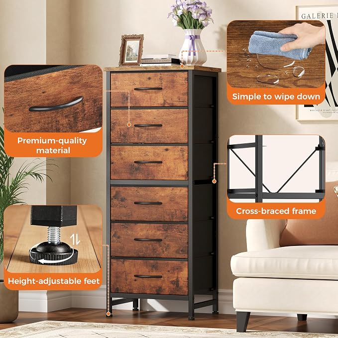 Sweetcrispy Tall Fabric Dresser for Bedroom, 6 Drawer Skinny Chest of Drawers, Narrow Storage Tower with Wood Top and Metal Frame, Vertical Nightstand for Closet, Bedroom Organization Furniture, Brown