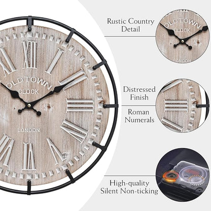 12 Inch Farmhouse Wall Clock Rustic Antique Wood with Metal Circle and Large Engraved Numerals, Silent Battery Operated Wall Clock for Office Kitchen Bedroom Living Room