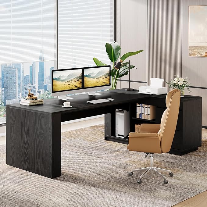 Tribesigns 78" L Shaped Executive Desk with Drawers, Large Office Computer Desk with Cabinet and Storage Shelves, Modern Business Furniture Sets Workstation for Home Office (Grey/Black)