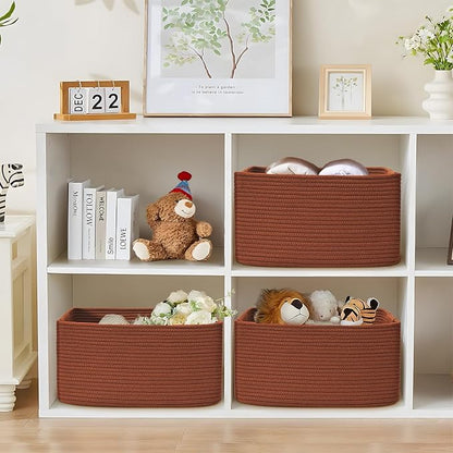 2 Pack Large Storage Basket for Organizing, 17.5"x13.5"x7.5" Woven Basket for Shelves, Closet Cube Storage Bins with Wrapped Handle, Cotton Rope Baskets for Kitchen, Clothes, Toys(Oxide Red)