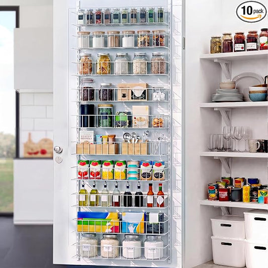ElegantArray 10-Tier Pantry Door Oragnizer, Over The Door Pantry Organizer Rack and Storage, Hanging Spice Rack Shelves Door, Home Office Laundry Room Bathroom & Kitchen Organization, White