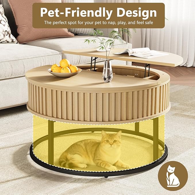 Round Coffee Table with Lift Top - Fluted Wood Center Coffee Tables for Living Room, Lifting Up for Dining, Large Hidden Circle Storage Compartment for Small Spaces, Mid Century Modern