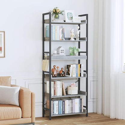 HCHQHS 6 Tier Bookshelf, Adjustable Industrial Bookcase, Vertical Tall Book Shelf, Wood and Black Metal Open Bookshelves for Home Office, Living Room, Bedroom