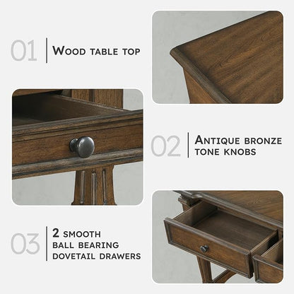 Lexicon Rectangle Wood Sofa Table with 2 Dovetail Drawers, Cherry Veneer Console Table with Antique Bronze Knobs & Sturdy Wood Construction for Elegant Living Room, Entryway, Easy Assembly, Brown