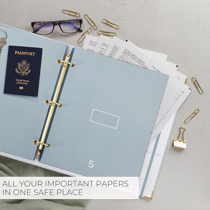 Important Document Organizer Set with Folders - Complete Linen Ring Binder Set Safely Stores All Documents & Files in One Place - Easy to Use Expanding Storage Incl. Envelopes, Pockets & Labels