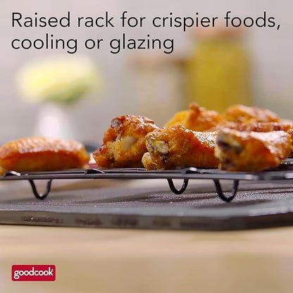 GoodCook 15” x 10.5” Nonstick Carbon Steel Baking Pan & Raised Wire Rack – Pizza Crisper,Crispy Bacon,Multipurpose Cooking Sheet Pan,Cooling Rack,Kitchen Cookware Set,Dishwasher Safe,(Pack of 12)
