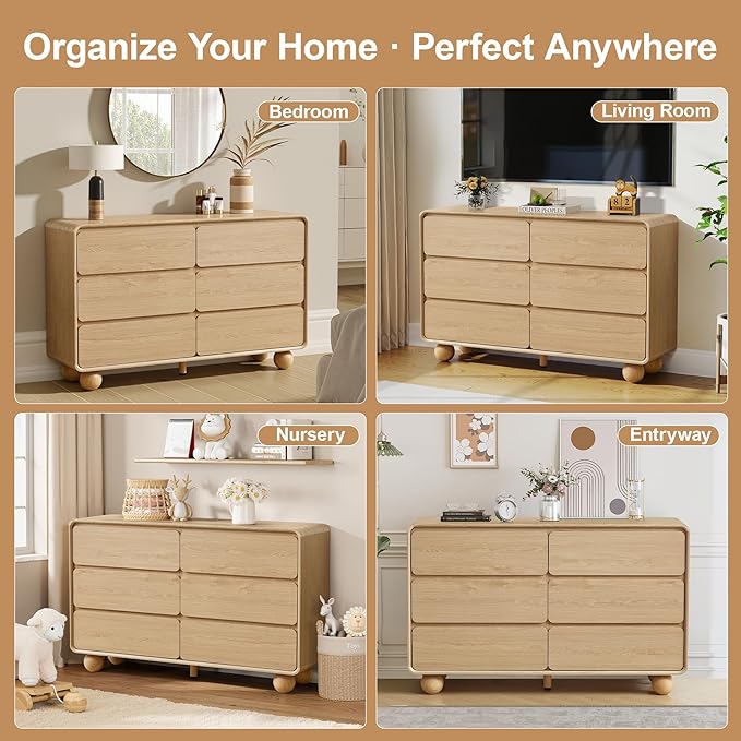 AVZEAR Modern 6 Drawer Dresser for Bedroom, 48" Wide Wooden Dresser Chest of Drawers, Curved Profile Design, Closet Clothes Storage Organizer for Kids Bedroom, Living Room, Nursery, Natural Color