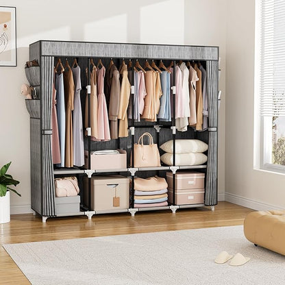 VTRIN Portable Closet for Hanging Clothes 67 Inch Wide Large Capacity Portable Wardrobe Closet with Cover, 4 Storage Shelves and 4 Hanging Rod Sturdy Free Standing Closet for Bedroom, Printing