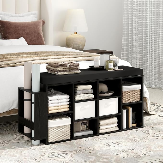 Giantex Shoe Storage Bench with Umbrella Stand, 10-Cubby Entryway Shoe Rack Organizer with Padded Seat, Adjustable & Removable Shelves for Hallway, Living Room & Bedroom (Black)