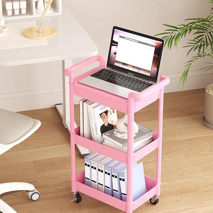 MIOCASA Utility Rolling Cart with Cover Top Board, 3-Tier Kitchen Storage Organization, Art Cart with Wheels for Office, Classroom, Livingroom, Kitchen, Bathroom (Pink, 3-Tier-Plastic)