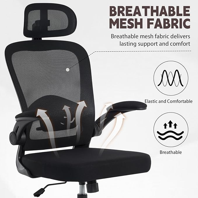 Ergonomic Office Chair with 3D Adjustable Lumbar Support, Mesh High Back, 75° Rotating Headrest, Rocking Function, 300lbs Capacity, Black/White (Black)