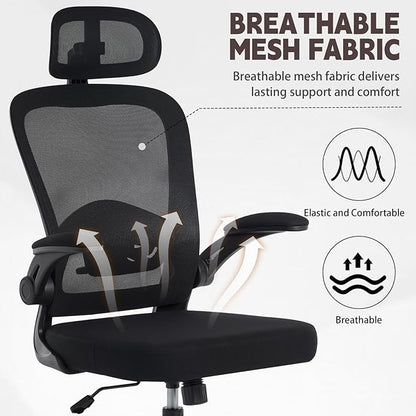 Ergonomic Office Chair with 3D Adjustable Lumbar Support, Mesh High Back, 75° Rotating Headrest, Rocking Function, 300lbs Capacity, Black/White (Black)