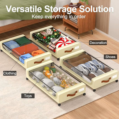 GoMaihe Under Bed Storage with Wheels:48L Underbed Storage Containers with Lids - Rolling Bins for Shoes Clothes in Dorm Bedroom - Metal Drawers Easy Pull-out Beige 4-Pack