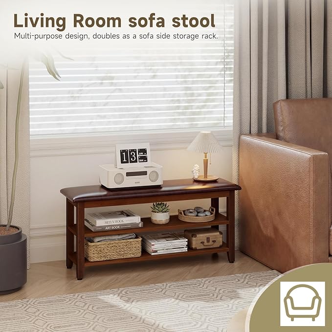 Shoe Bench with Leather Cushion,Wood Bench with Shoe Rack,2-Tier Shoe Storage Organizer for Entryway,Hallway,Living Room (Brown, 2-Tier-39.4")