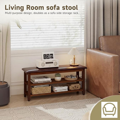Shoe Bench with Leather Cushion,Wood Bench with Shoe Rack,2-Tier Shoe Storage Organizer for Entryway,Hallway,Living Room (Brown, 2-Tier-39.4")