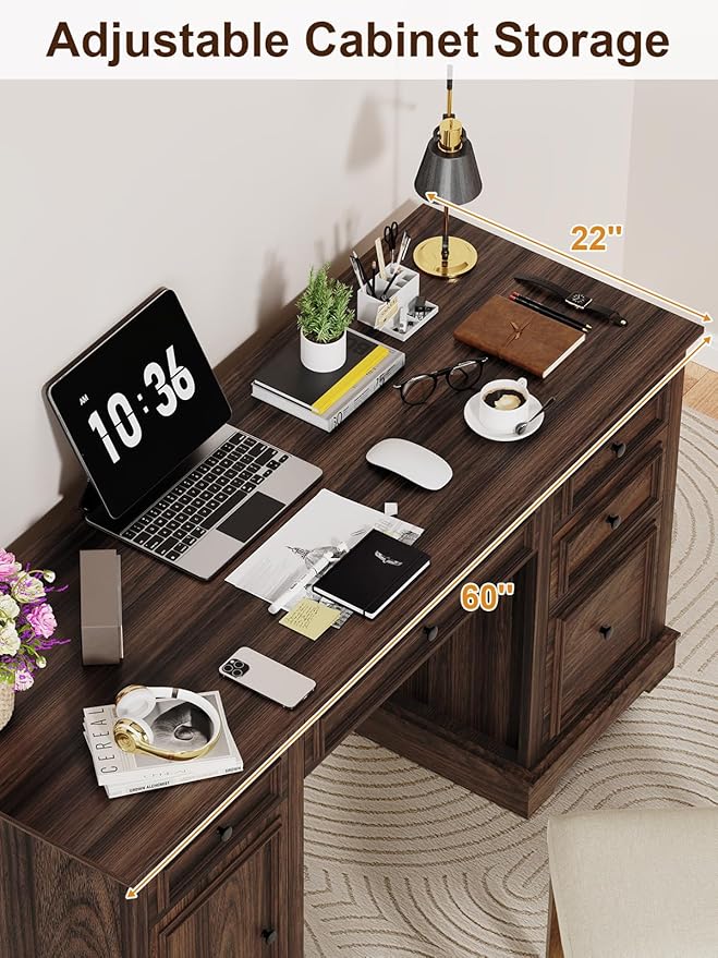 Vipbear 60" Farmhouse Executive Office Desk with Drawers and File Cabinet, Embossed Texture Wood Home Office Desk, Rustic Computer Desk, Workspace for Work Study Writing, Dark Brown