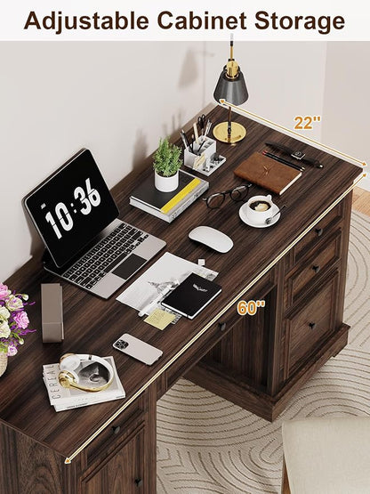 Vipbear 60" Farmhouse Executive Office Desk with Drawers and File Cabinet, Embossed Texture Wood Home Office Desk, Rustic Computer Desk, Workspace for Work Study Writing, Dark Brown