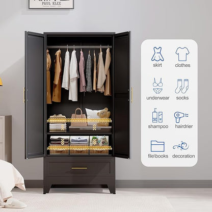Steel Armoire Wardrobe Closet with Mirror Doors, 71" Household Wardrobe Cabinet with Hanging Rod and Drawer, Metal Clothing Storage Cabinet with Adjustable Shelf for Bedroom, Cloak, Gym(Black)