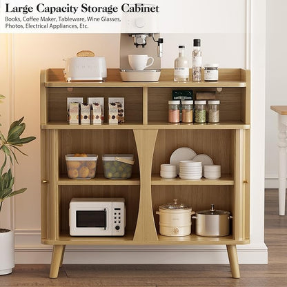 39" Buffet Sideboard Cabinet, Mid Century Modern Console Cabinet with Roller Shutter Sliding Doors & Adjustable Shelves for Kitchen Cabinets, Living Room, Entryway, Coffee Bar Cabinet (Oak)