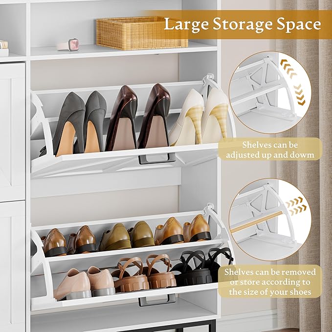 Shoe Cabinet Storage for Entryway, Shoe Storage Cabinet with 4 Flip Drawers, Freestanding Narrow Shoe Rack Organizer with Metal Legs for Foyer, Hallway, White