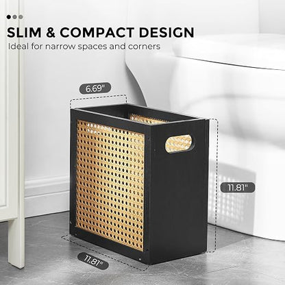 TIOPGHAD Small-Wicker-Waste-Basket-Trash-Can 3 Gallon/11.6 L Bamboo Mini Rattan Wastebasket Garbage Can Trashcan Wood Trash bin for Bathroom Office Living Room(Black&Oak)