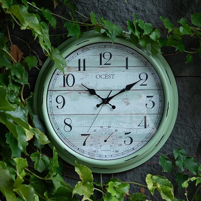 OCEST 16 Inch Indoor Outdoor Clock, Waterproof Large Wall Clock with Thermometer, Silent Non-Ticking Battery Operated Decor for Patio Pool Porch Garden Garage（Retro Green）