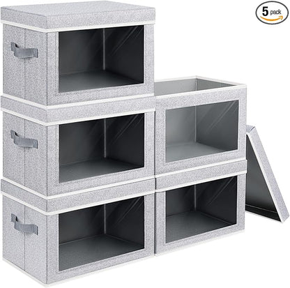 Homsorout Storage Box with Lids - 5 Pack Foldable Clear Window Storage Bins, Large Decorative Storage Bins with Handles, Storage Containers for Clothes, Towel, Blanket, Sheet, Light Grey