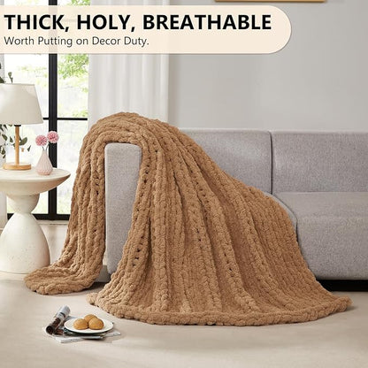 L'AGRATY Chunky Knit Blanket Throw: 50''x60'' Chenille Chunky Knitted Throw Blanket for Bed Couch - Handmade Thick Big Cable Knit Blanket - Large Crochet Rope Blankets for Home Decor(Tan)