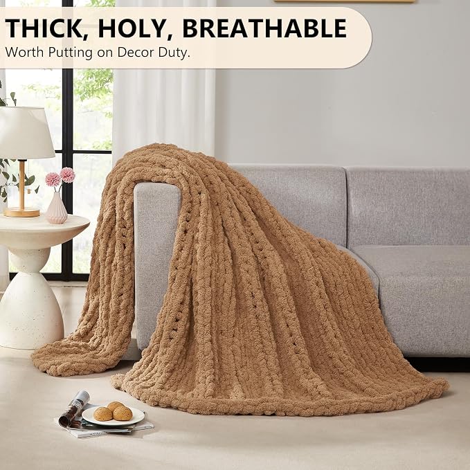 L'AGRATY Chunky Knit Blanket Throw: 60''x80'' Chenille Chunky Knitted Throw Blanket for Bed Couch - Handmade Thick Big Cable Knit Blanket - Large Crochet Rope Blankets for Home Decor(Tan)