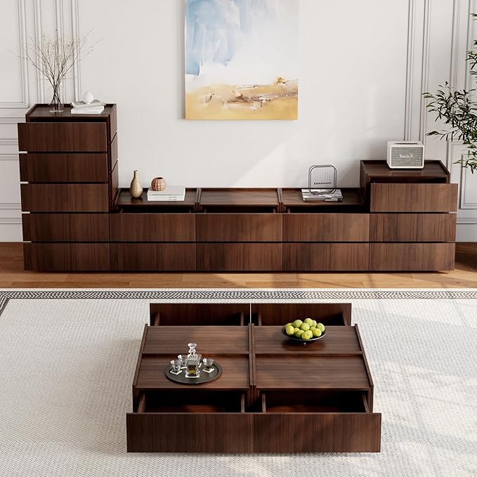 Coffee Table with Storage,Modern Center Table with 4 Hidden Drawers for Living Room,Rectangle Coffee Table for Home Furniture,Bedroom,Dark Walnut