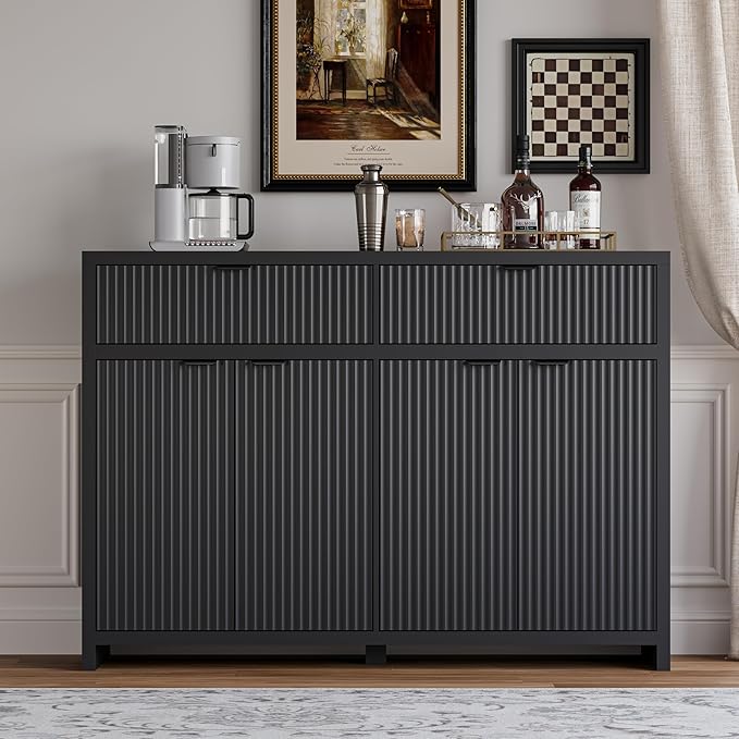Fluted Sideboard Buffet Cabinet with Storage and Large Drawers, 55" Credenza Storage Cabinet for Living Room & Entryway, Farmhouse Buffet Table with Adjustable Shelves, Console Cabinet, Balck