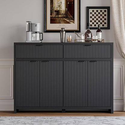 Fluted Sideboard Buffet Cabinet with Storage and Large Drawers, 55" Credenza Storage Cabinet for Living Room & Entryway, Farmhouse Buffet Table with Adjustable Shelves, Console Cabinet, Balck