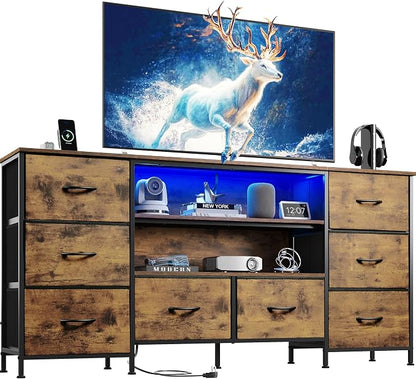 WLIVE TV Stand Dresser for 65,70 inch TV, Entertainment Center with LED Lights & 8 Long Fabric Drawers, Dresser TV Stand for Bedroom and Living Room, Rustic Brown