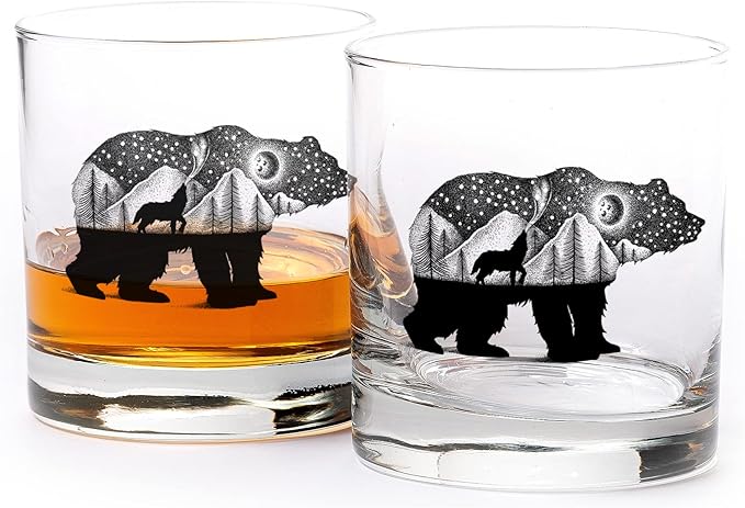 Bear & Forest Whiskey Glasses – Set of 2 by Black Lantern | 11oz Giftable Old Fashioned Glasses for Cabin & Wildlife Lovers