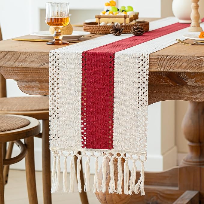 FEXIA 4th of July Table Runner for Home Decor with Tassels 72 Inches Long Farmhouse Red Rustic Boho Table Runner Macrame Burlap Table Decoration for Living Room Bridal Shower(12x72 Inches)