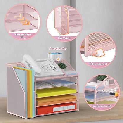 DocNest 5 Tier Paper Letter Tray File Organizer, Mesh Desk File with Handle, Workspace Desk Organizers with Pen Holder, Office Organization Storage Accessories - Pink