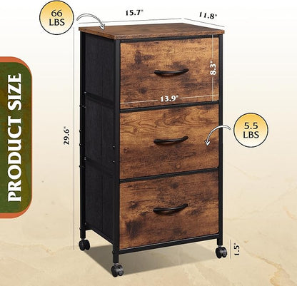 WLIVE Dresser with 3 Drawers, Fabric Nightstand, Cabinet with Wheels, Organizer Storage Dresser for Bedroom, Office, Closets, Sturdy Steel Frame, Easy Pull Handle, Rustic Brown Wood Grain Print