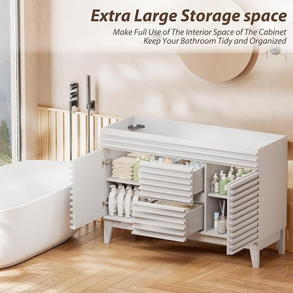 APRILSOUL 48" Bathroom Vanity, Mid-Century Bathroom Vanity Cabinet with 2 Soft Closing Doors, Freestanding Bathroom Cabinet, Particleboard Frame with Wood Grain Laminate, White (Sink Not Included)