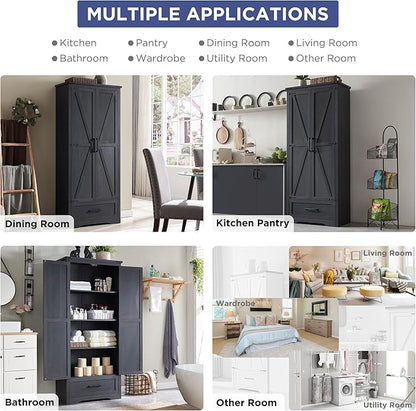 Farmhouse Kitchen Pantry Cabinet - 72" Tall Large Wood Kitchen Storage Cabinets with Adjustable Shelves & 2 Barn Doors & Drawer, Versatile Storage for Dining Room, Bathroom, Living Room, Antique Black | Large, Adjustable Shelves, 2 Barn Doors, Drawer, ...