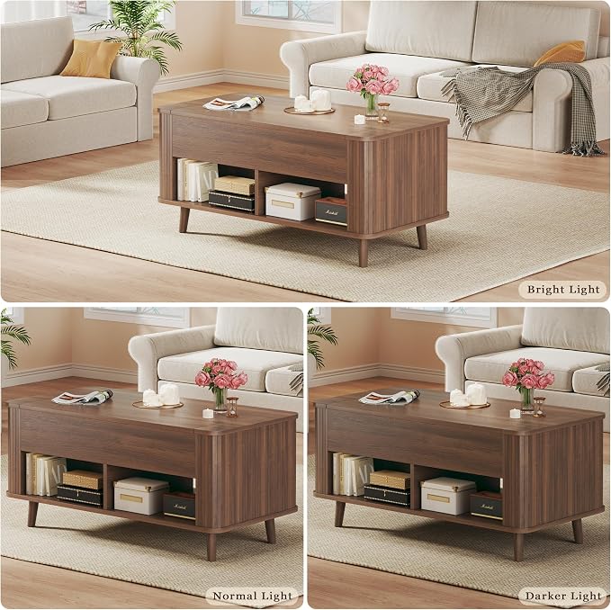 Lift Top Coffee Table with Storage, 41" Mid Century Modern Coffee Table with Fluted & Curved Profile Design, Hidden Storage Compartment, Lower Shelf Center Table for Living Room Office, Walnut
