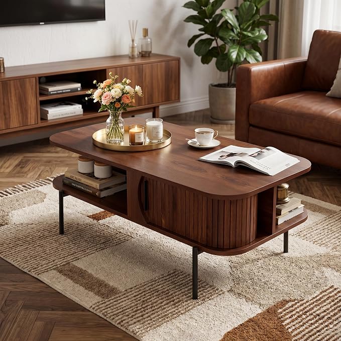 VECELO Coffee Table,40" Mid Century Coffee Tables with Open Storage Shelf,Fluted Table with Sliding Tambour Door,Farmhouse Wooden Tables Center Table for Living Room,Home Office,Walnut Brown