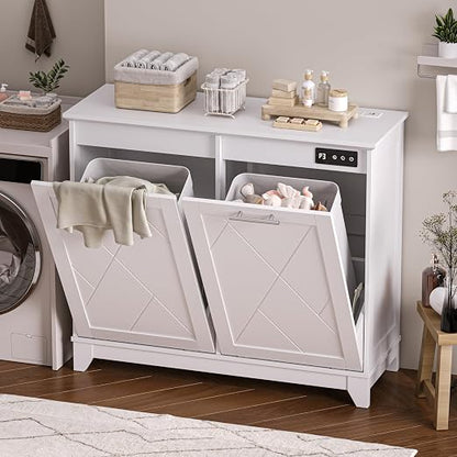Double Tilt Out Trash Can Cabinet with Charging Station, Negative Ion Odor Control, Hidden Dual 10-Gallon Recycling Cabinet, Dog Proof Garbage Can for Kitchen, Laundry, Dining Room,White