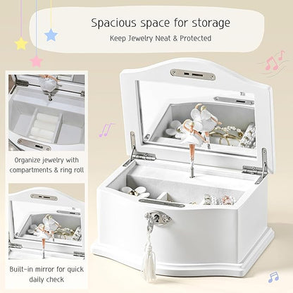 Wooden Musical Jewelry Box for girls with Mirror and Key Lock, Gift for Kids on Birthdays and Holidays (Pink, Small) (White, Medium)