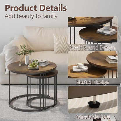 Garden 4 you Nesting Coffee Table, 23.6" Round Coffee Table Set of 2, Wooden Nesting Table with Metal Frame, Ceter Tables for Living Room Bedroom Balcony, Rustic Brown
