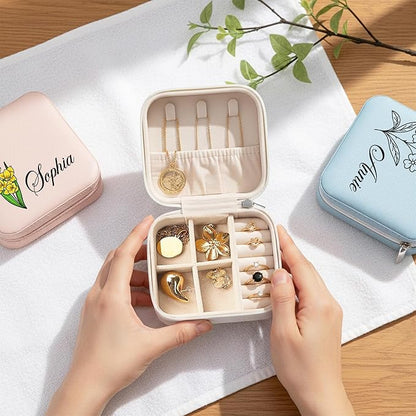 Custom Leather Jewelry Organizer Box with Name & Birth Flower – Personalized Travel Jewelry Case, Small Travel Jewelry Case, Birthday Gift for Women, Bridesmaid Proposal (Flower 2)