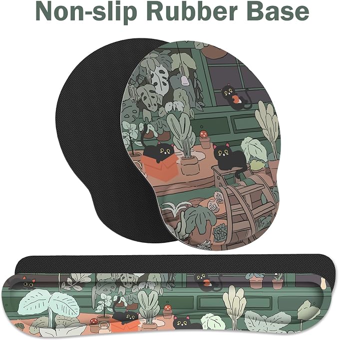 Ergonomic Mouse Pad with Wrist Rest and Keyboard Wrist Rest, Mousepad and Wrist Rest for Computer Keyboard, Pain Relief, Non-Slip Rubber Base, Mouse Pad with Wrist Support for Gaming, Office, Cat